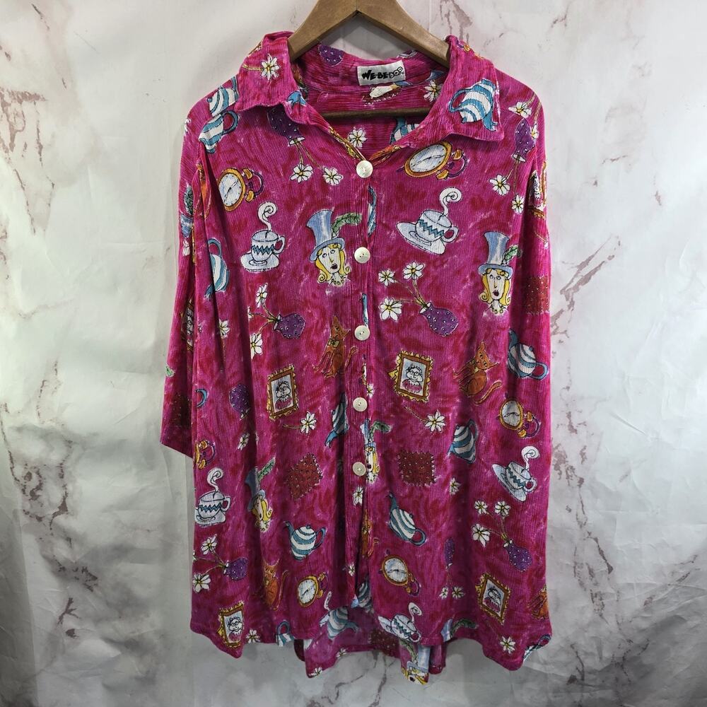 Vintage Cat Shirt Womens 3X Pink 90s Button Up Short Sleeve WeBeBop Tea Coffee